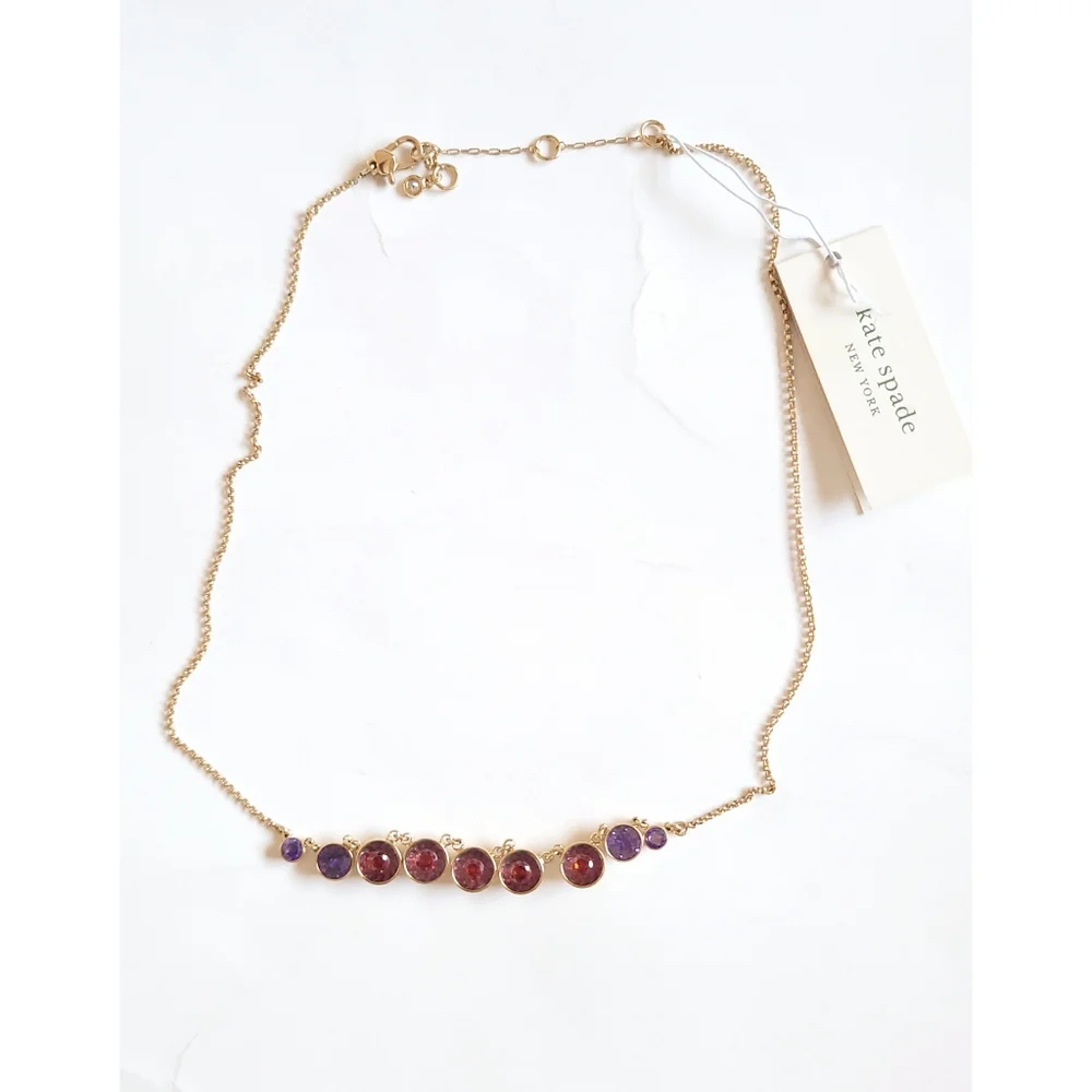 New! KATE SPADE Zirconia Stones Reflecting Pool Goldtone Necklace Red Purple